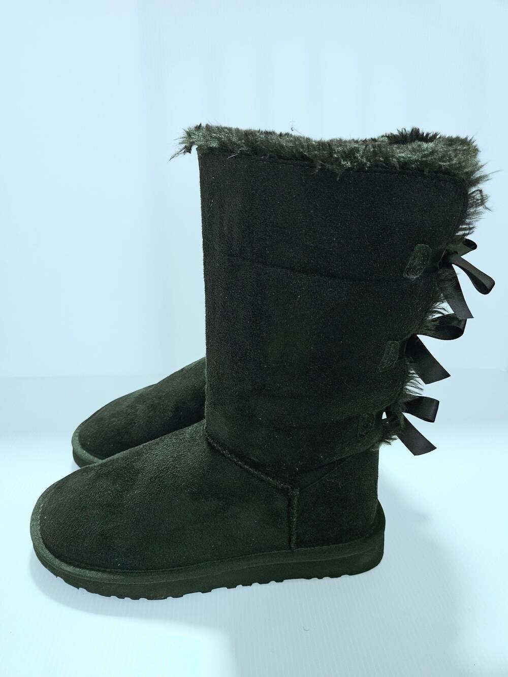 UGG Bailey Bow Tall Black Suede Sz 10 Boots with Triple Bows and Fur Trim Shoes